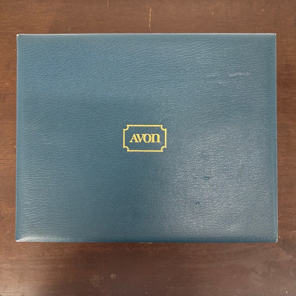 Vintage Avon Faux Leather Jewelry Box Blue Green Teal Hinged Storage Case Velvet